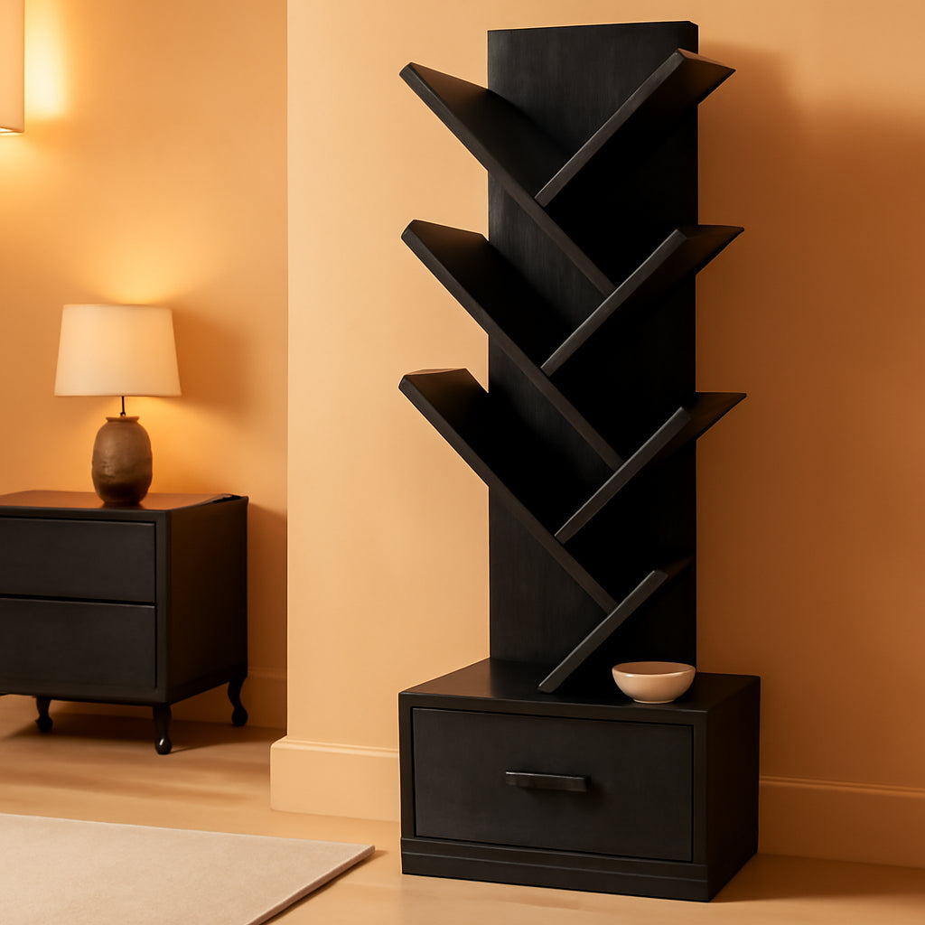 Black Wooden Bookshelf With Drawer 7 Shelf Tree Storage