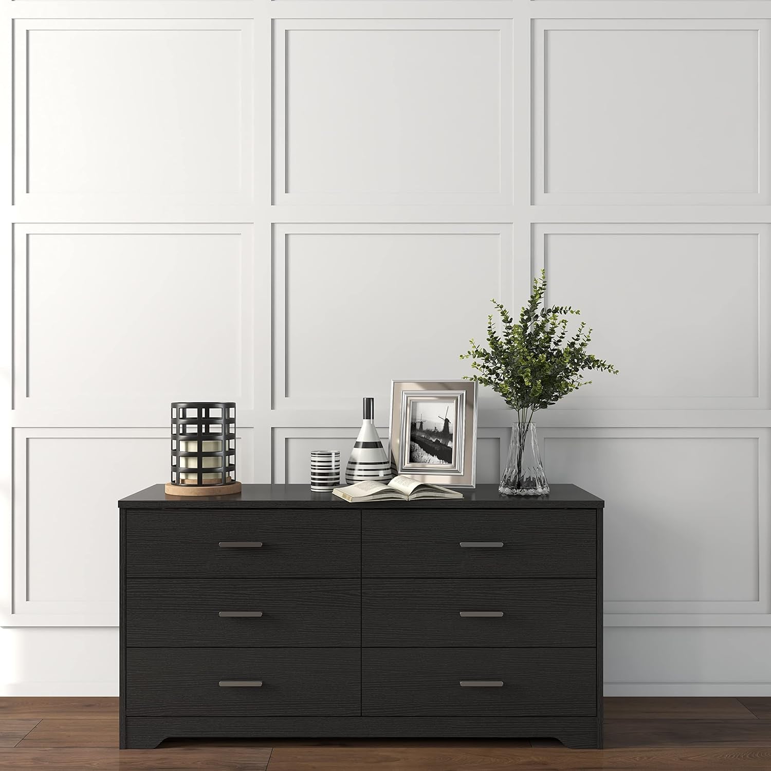 Black Wooden Dresser With 6 Drawers For Bedroom Storage
