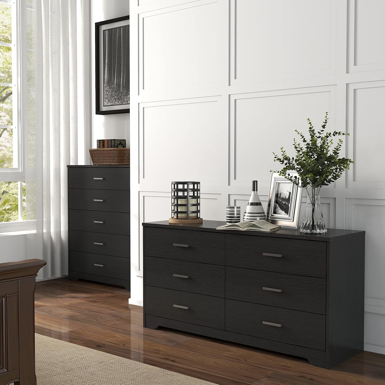 Black Wooden Dresser With 6 Drawers For Bedroom Storage