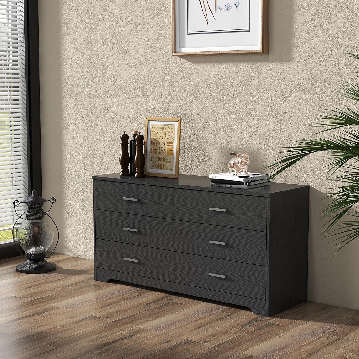 Black Wooden Dresser With 6 Drawers For Bedroom Storage