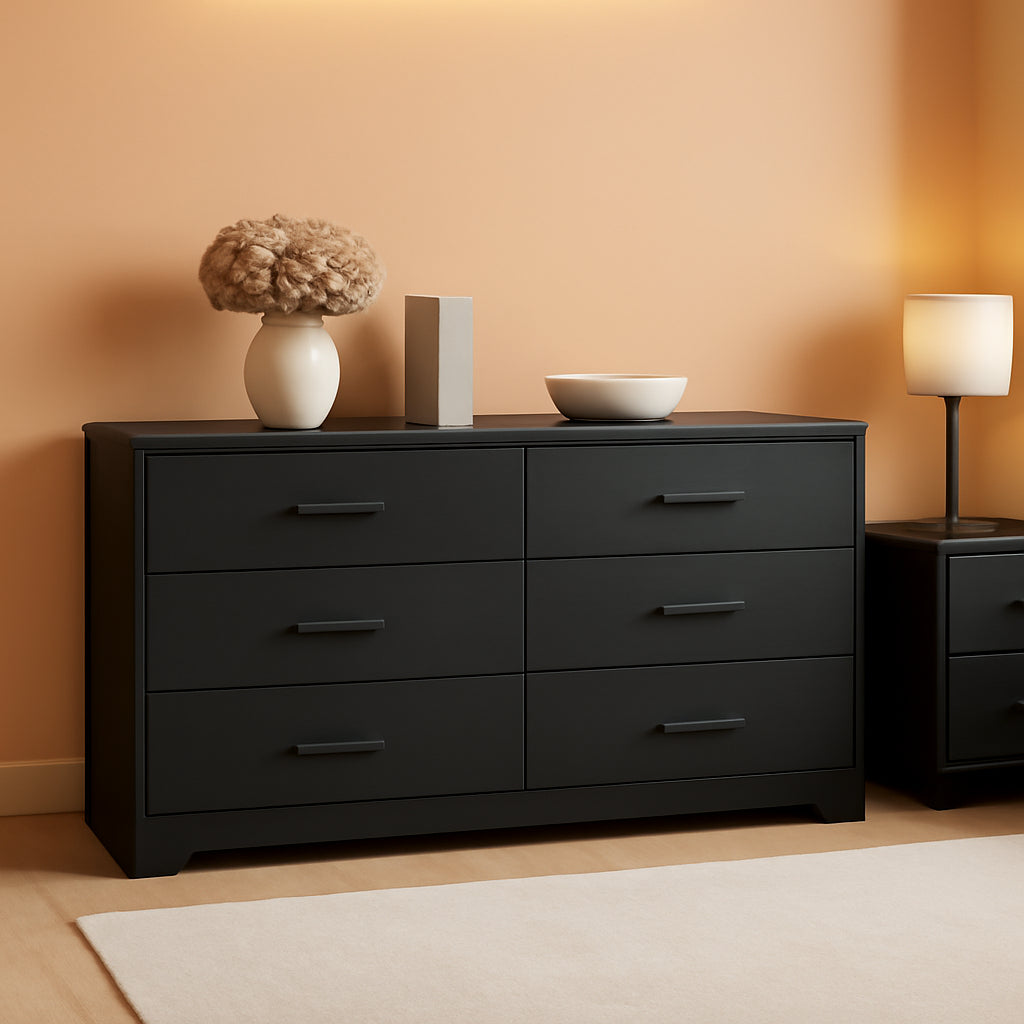 Black Wooden Dresser With 6 Drawers For Bedroom Storage