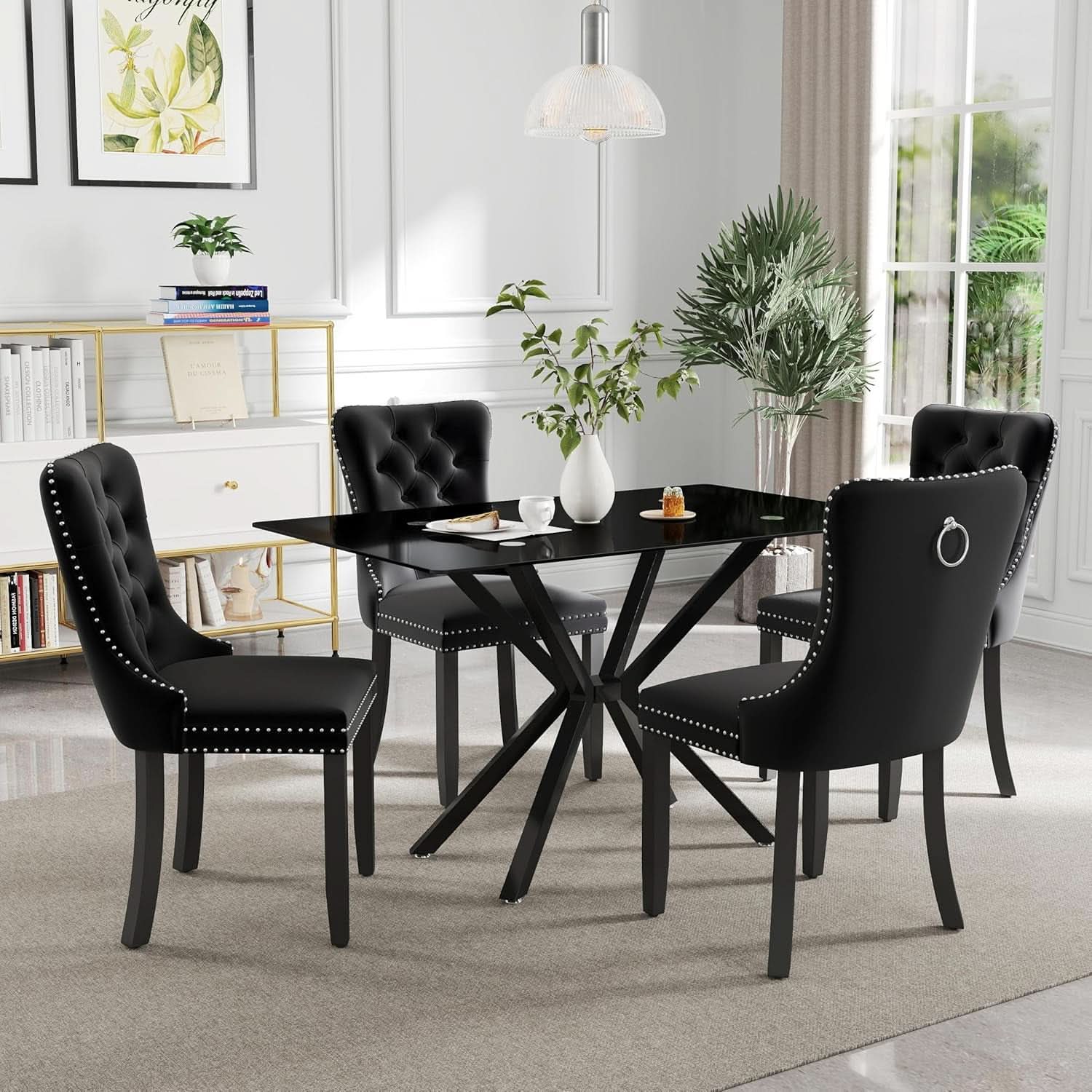 BlackGlassDiningSetForFourTuftedChairsWithNonSlipFeet