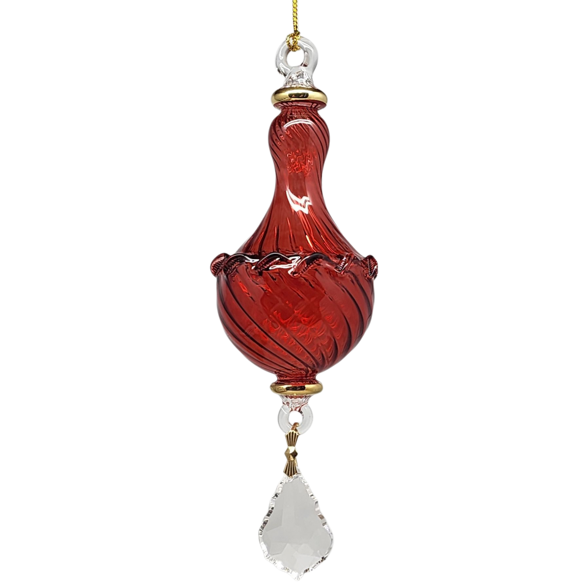 Blown Glass Twisted Chandelier Ornament with Crystal Dangle - Red