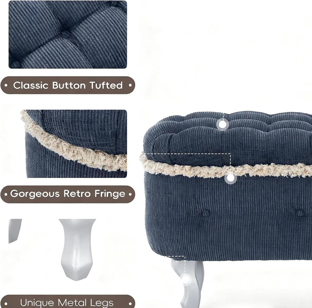 Blue 29.5 Inch Upholstered Storage Ottoman Cushion