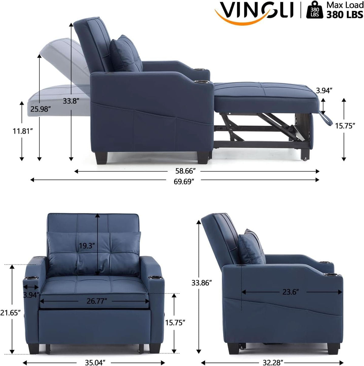 Blue 3 In 1 Sofa Bed Chair Recliner With Adjustable Backrest USB Ports