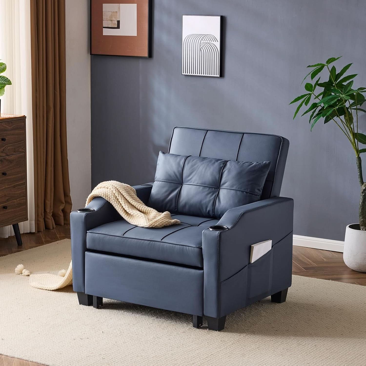 Blue 3 In 1 Sofa Bed Chair Recliner With Adjustable Backrest USB Ports