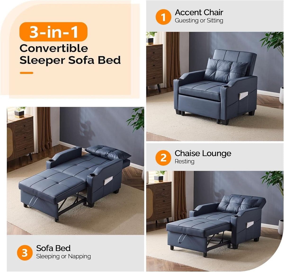 Blue 3 In 1 Sofa Bed Chair Recliner With Adjustable Backrest USB Ports