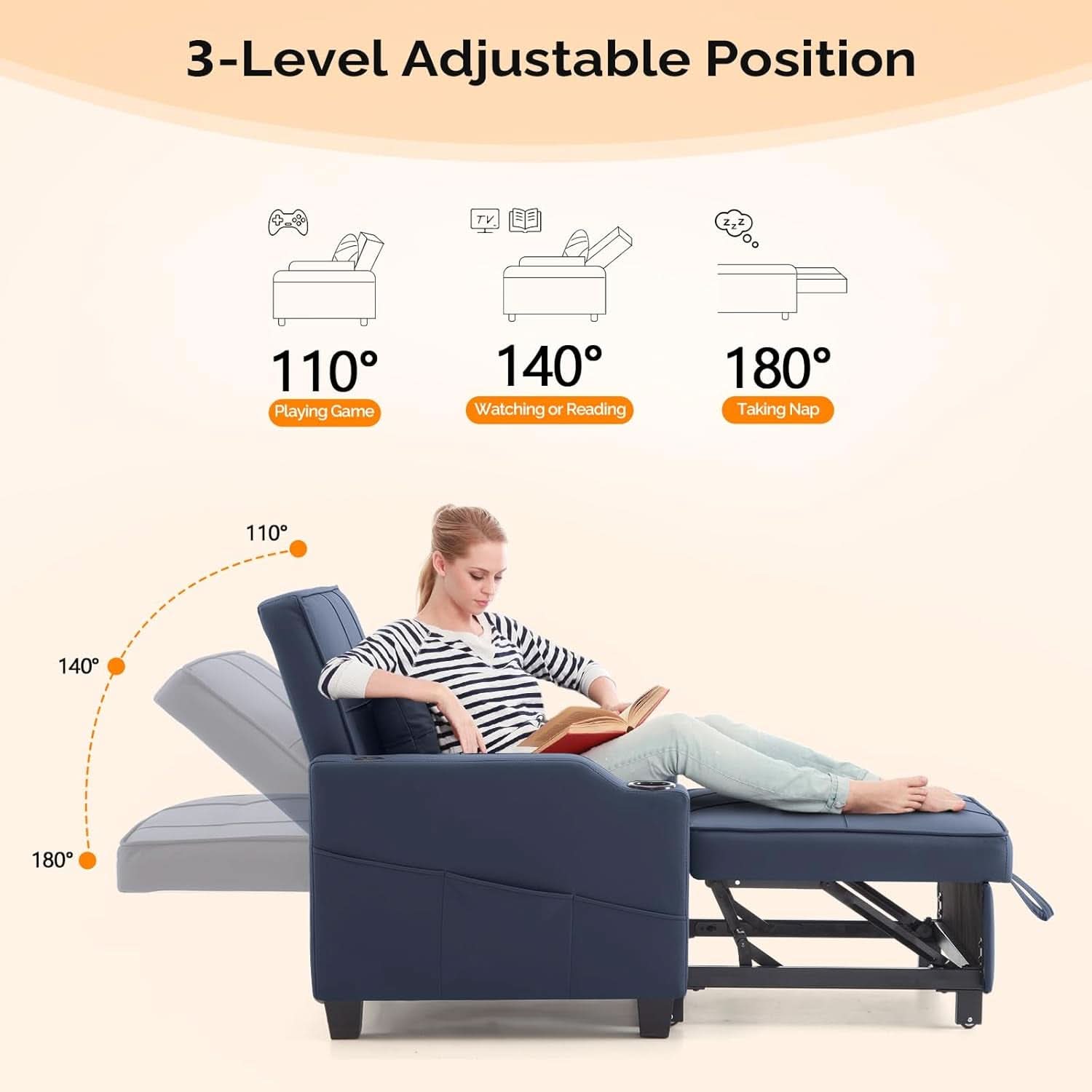 Blue 3 In 1 Sofa Bed Chair Recliner With Adjustable Backrest USB Ports