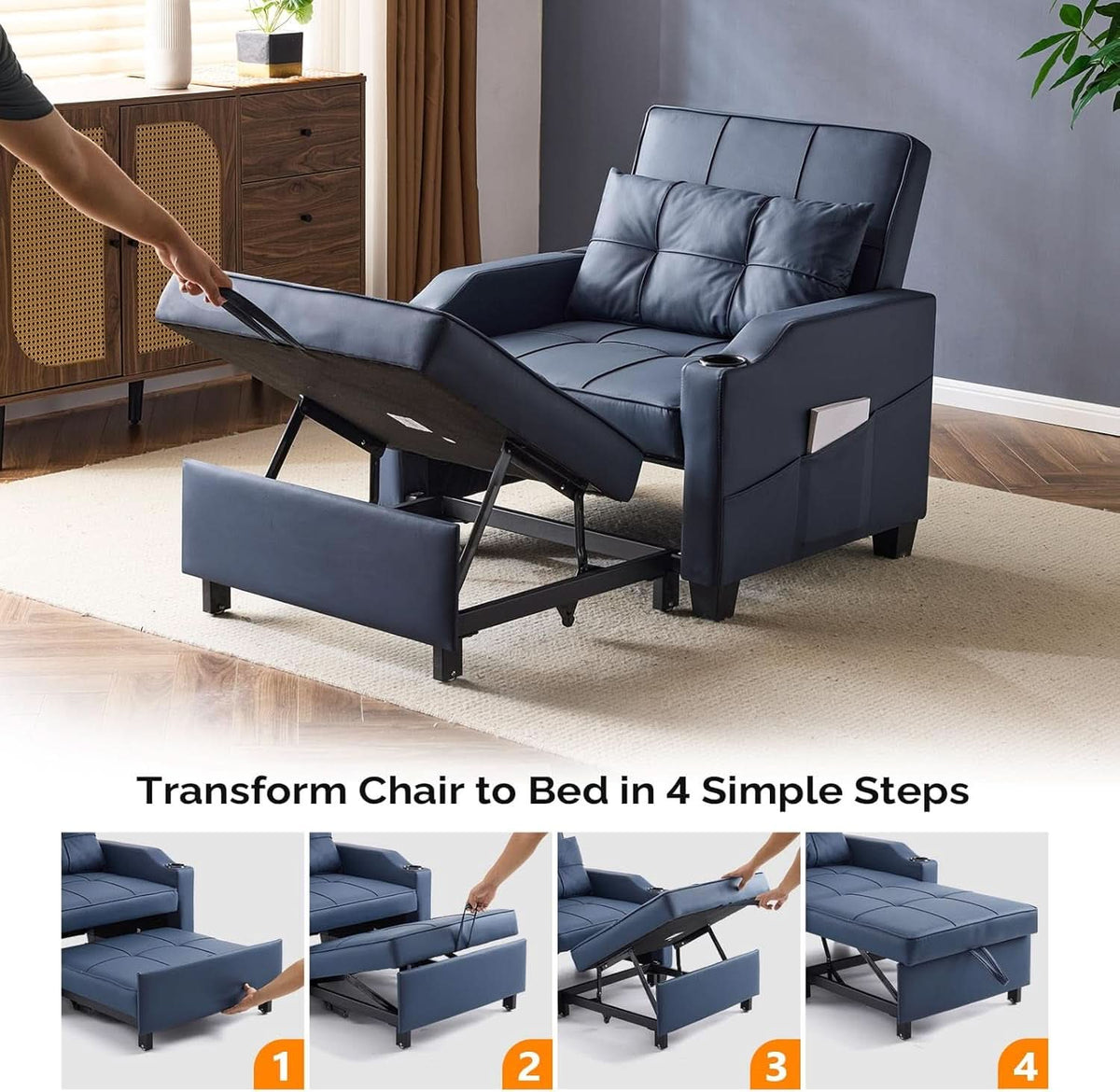 Blue 3 In 1 Sofa Bed Chair Recliner With Adjustable Backrest USB Ports