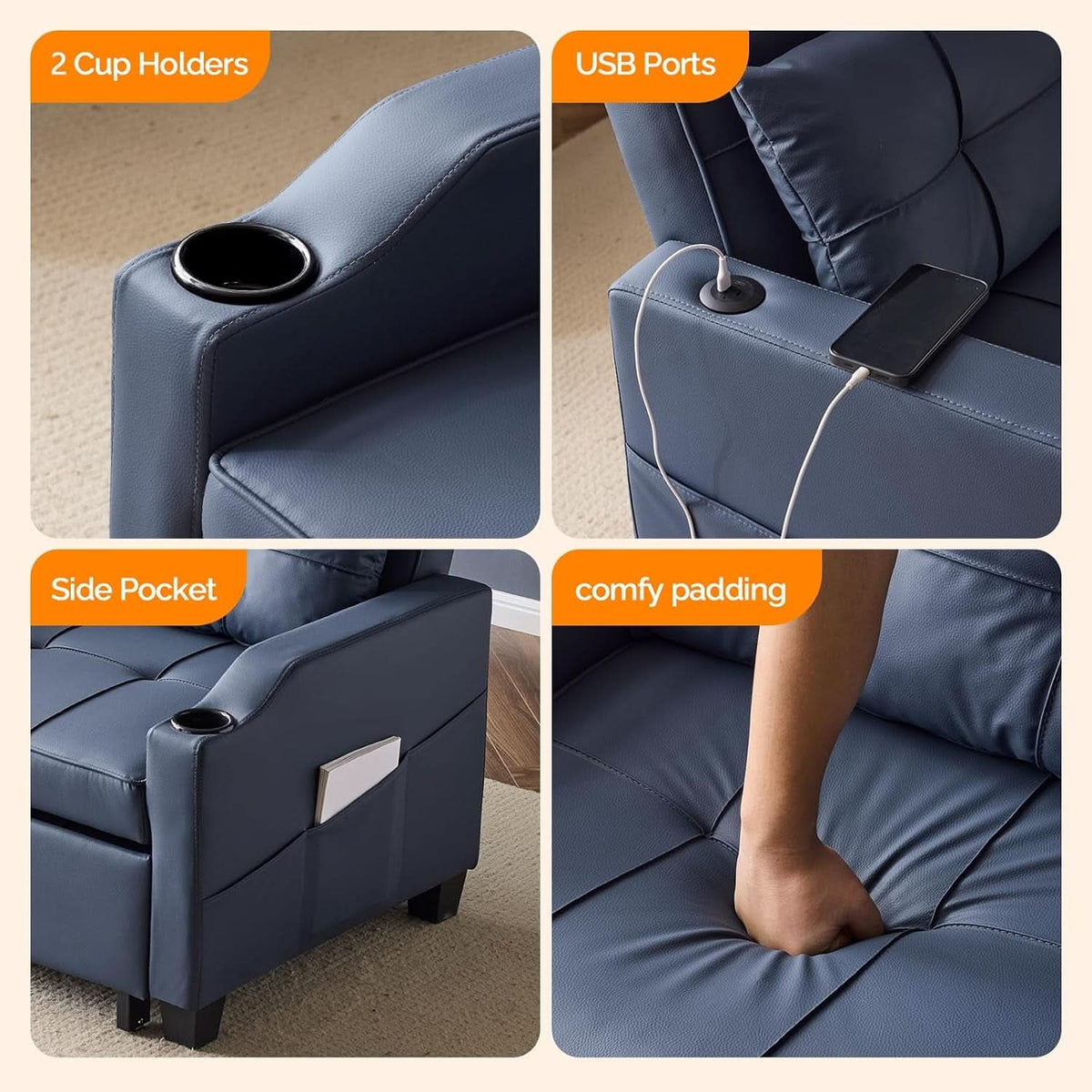 Blue 3 In 1 Sofa Bed Chair Recliner With Adjustable Backrest USB Ports