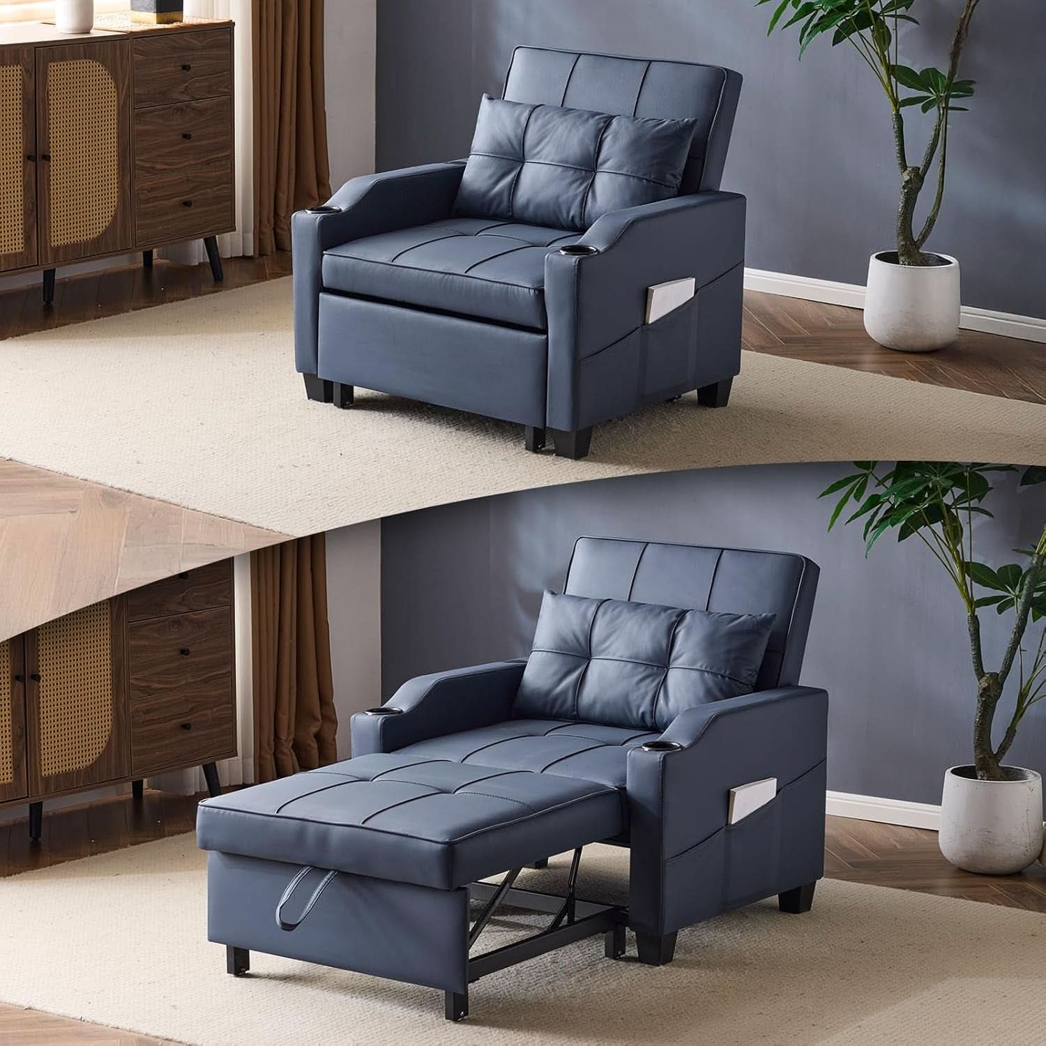 Blue 3 In 1 Sofa Bed Chair Recliner With Adjustable Backrest USB Ports