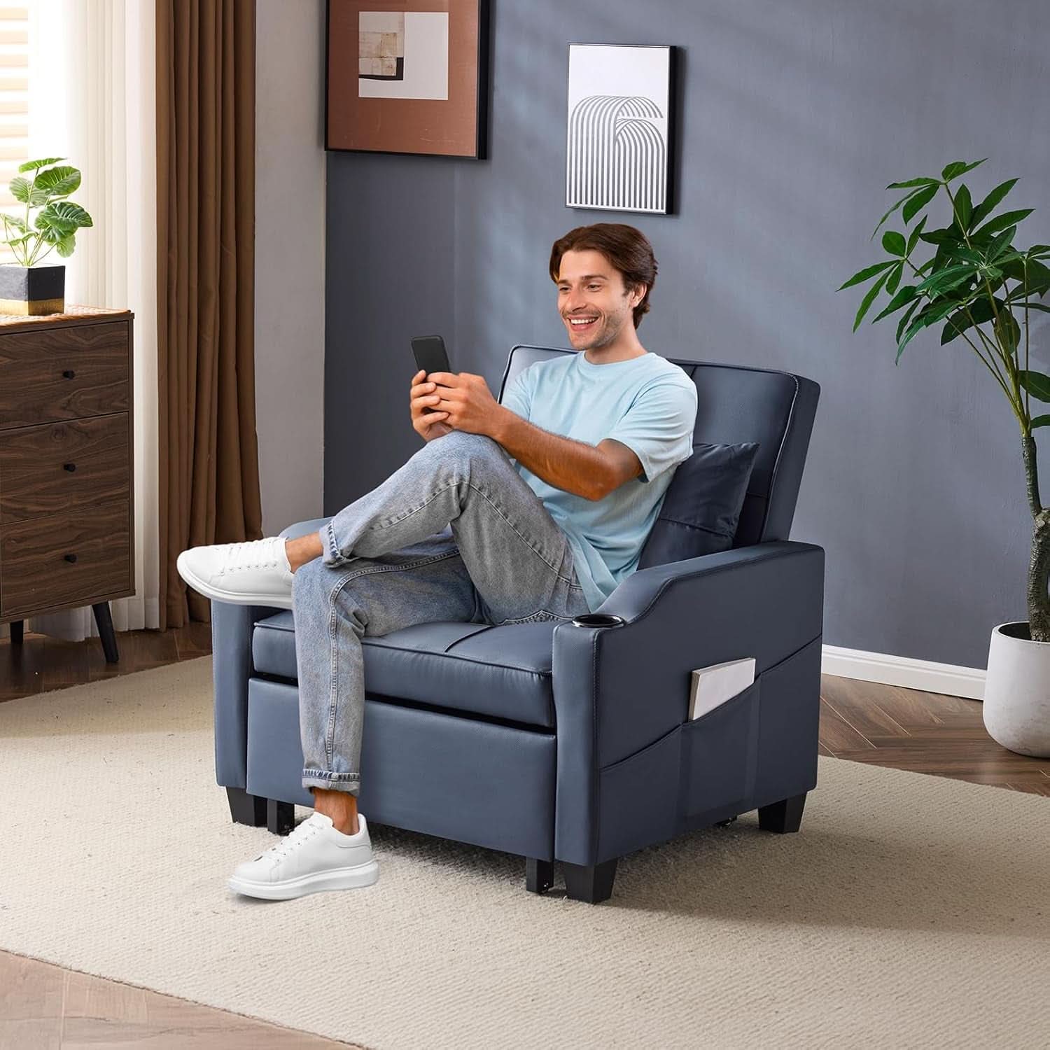 Blue 3 In 1 Sofa Bed Chair Recliner With Adjustable Backrest USB Ports