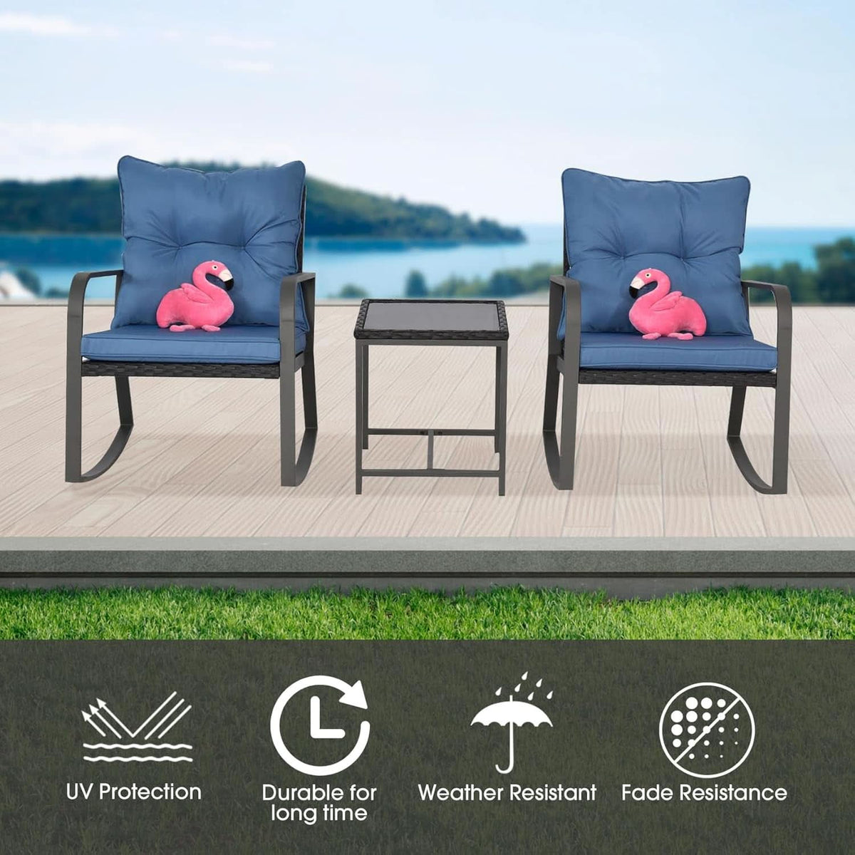 Blue 3 Piece Patio Bistro Set With Rocking Chairs And Cushioned Seats For Outdoor Yard Garden