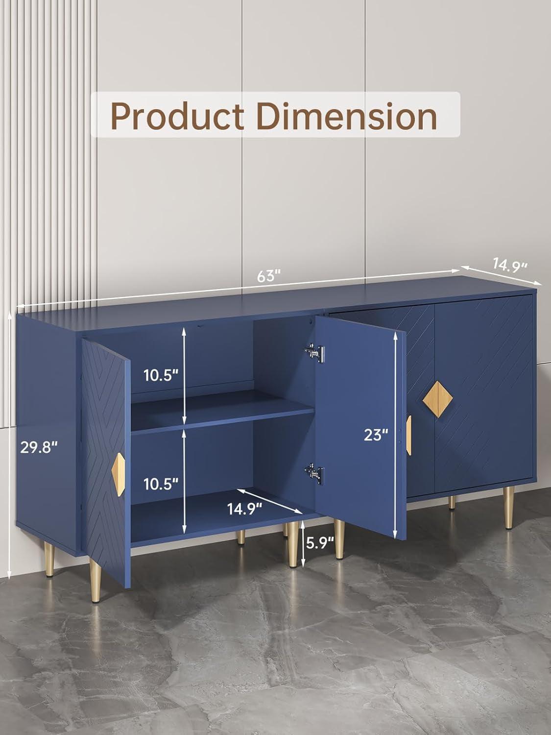 Blue 63 Inch Sideboard Cabinet With Adjustable Shelves