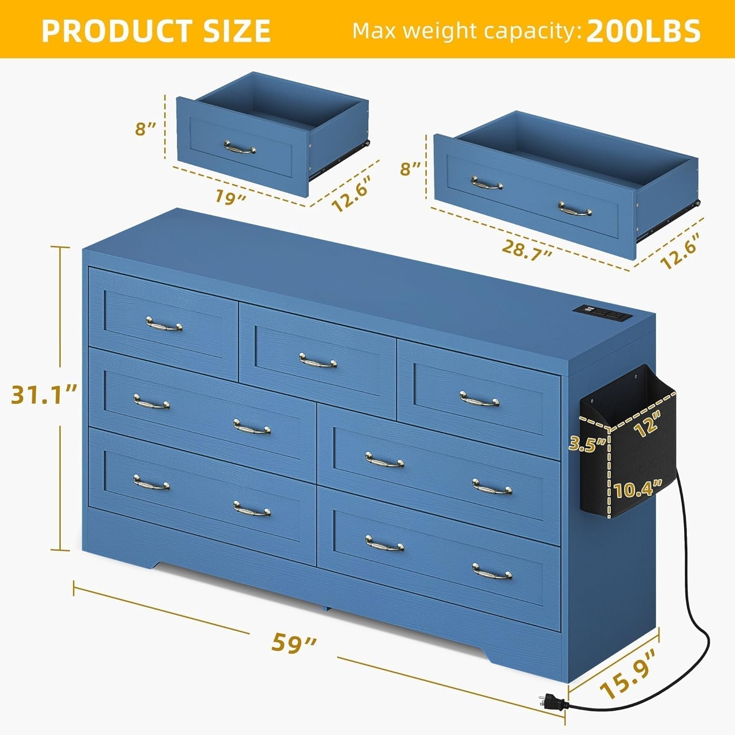 Blue 7-Drawer TV Stand for 65 Inch TV With Power Outlets