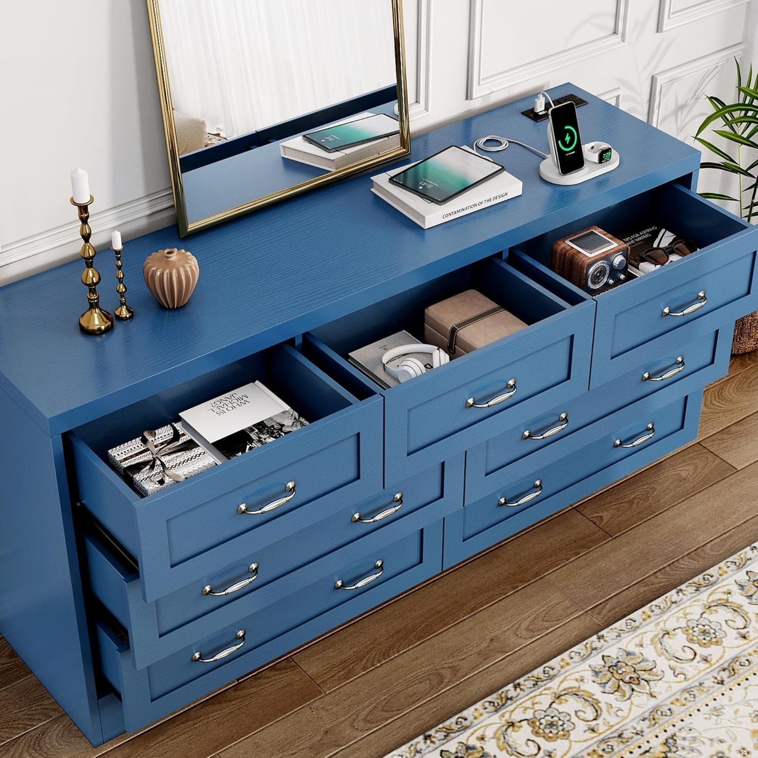 Blue 7-Drawer TV Stand for 65 Inch TV With Power Outlets