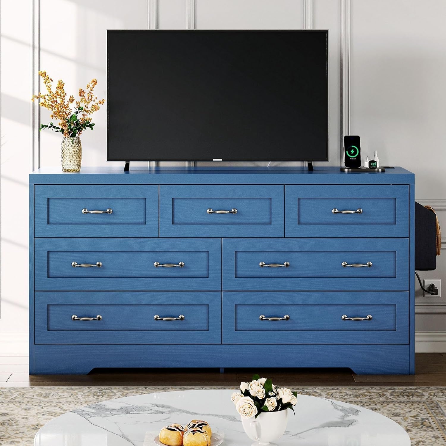 Blue 7-Drawer TV Stand for 65 Inch TV With Power Outlets