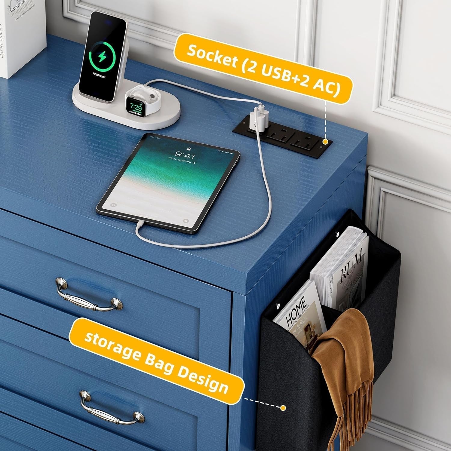 Blue 7-Drawer TV Stand for 65 Inch TV With Power Outlets