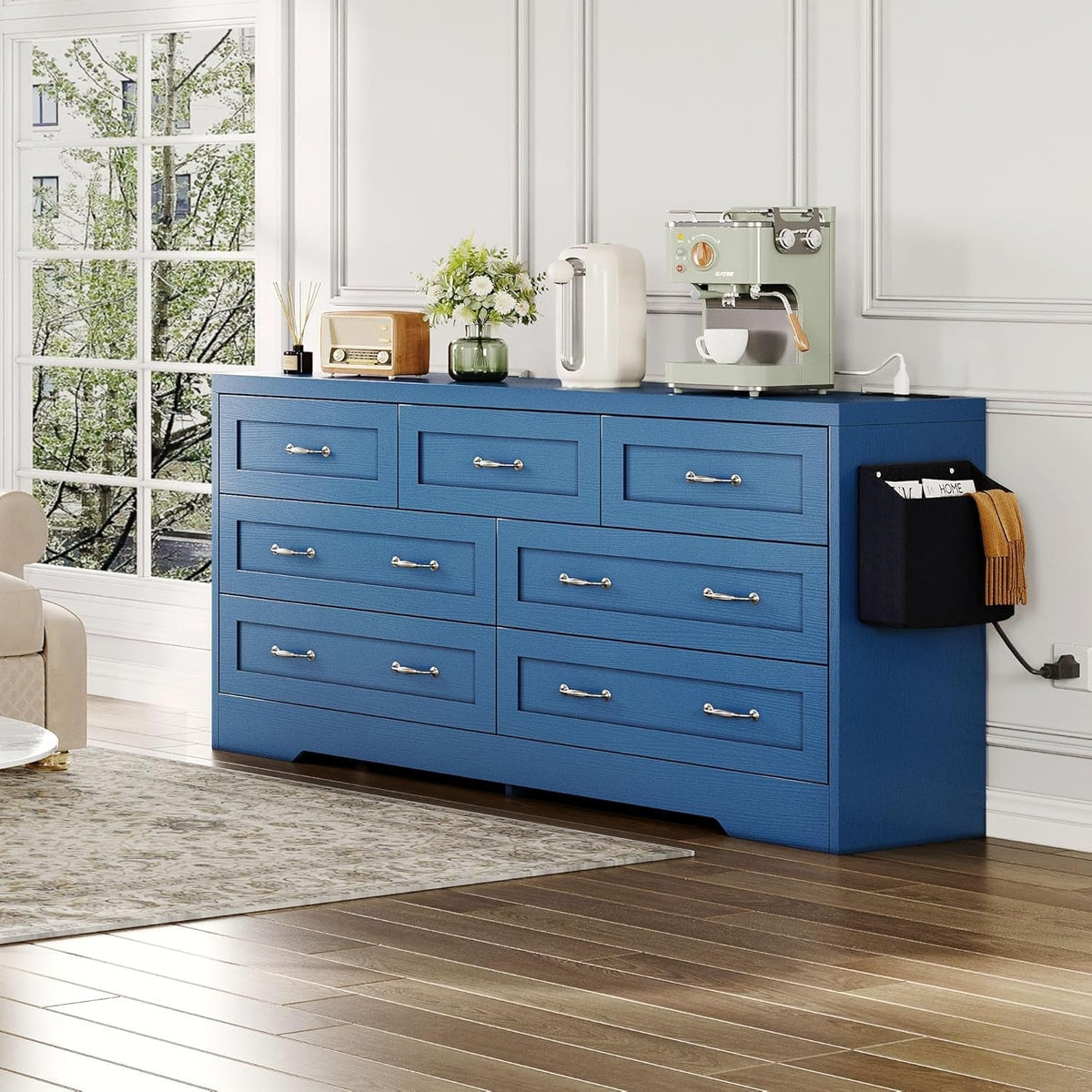 Blue 7-Drawer TV Stand for 65 Inch TV With Power Outlets