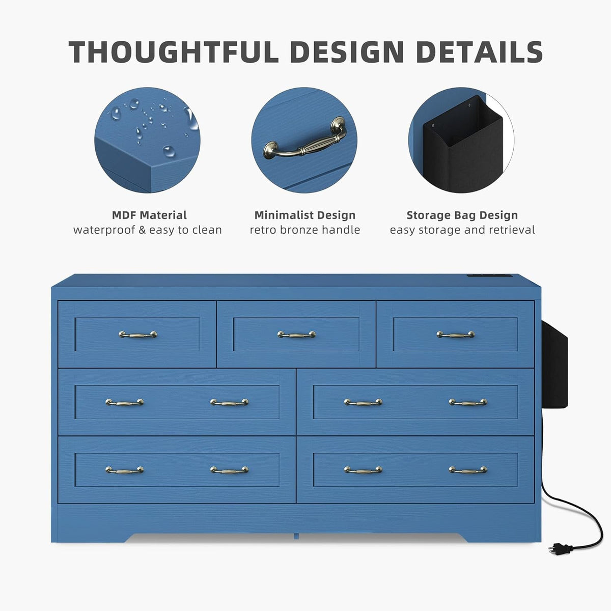 Blue 7-Drawer TV Stand for 65 Inch TV With Power Outlets