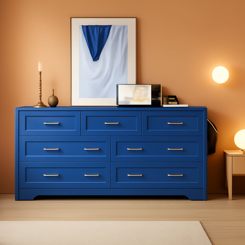 Blue 7-Drawer TV Stand for 65 Inch TV With Power Outlets