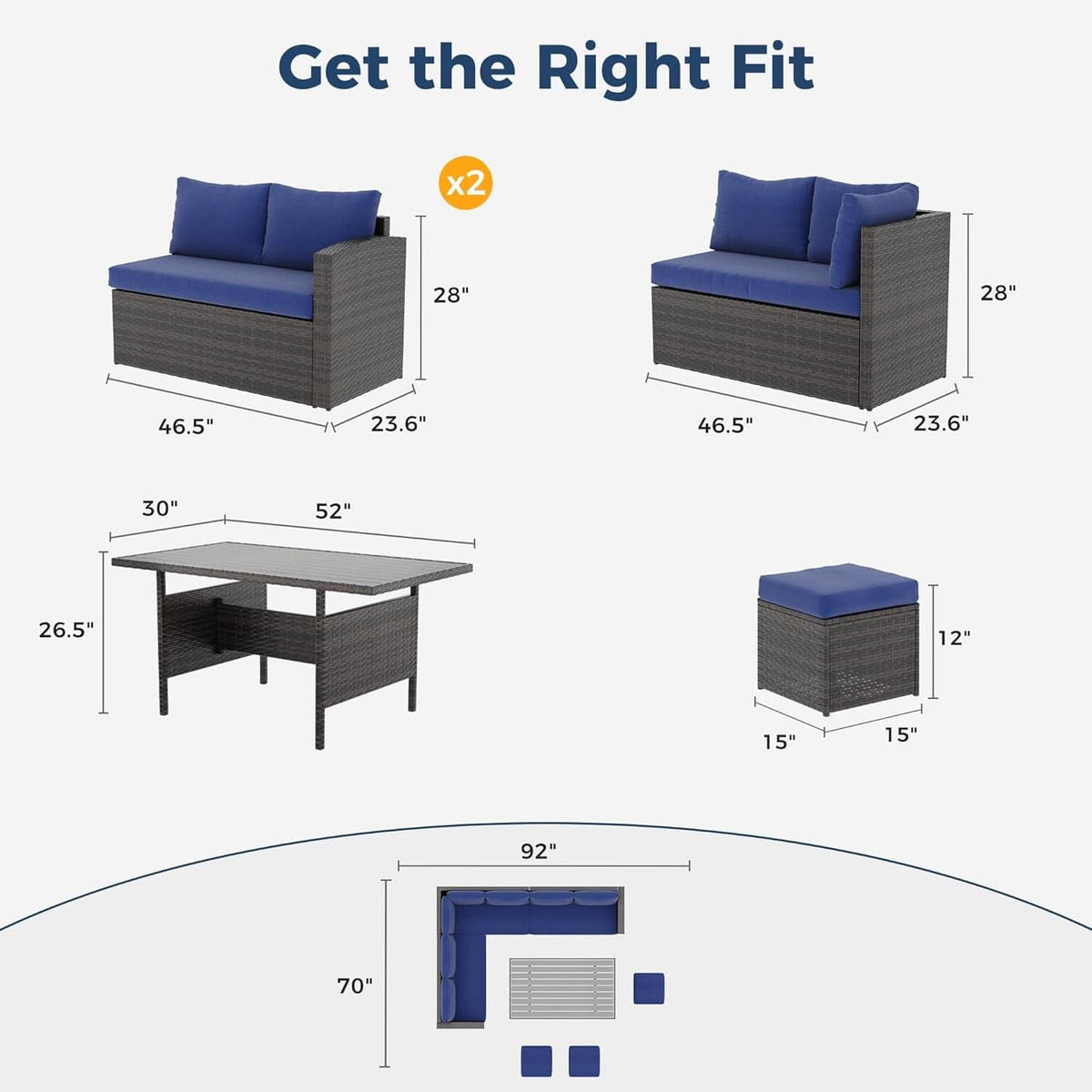 Blue 7 Piece Outdoor Patio Furniture Set With Table Chairs