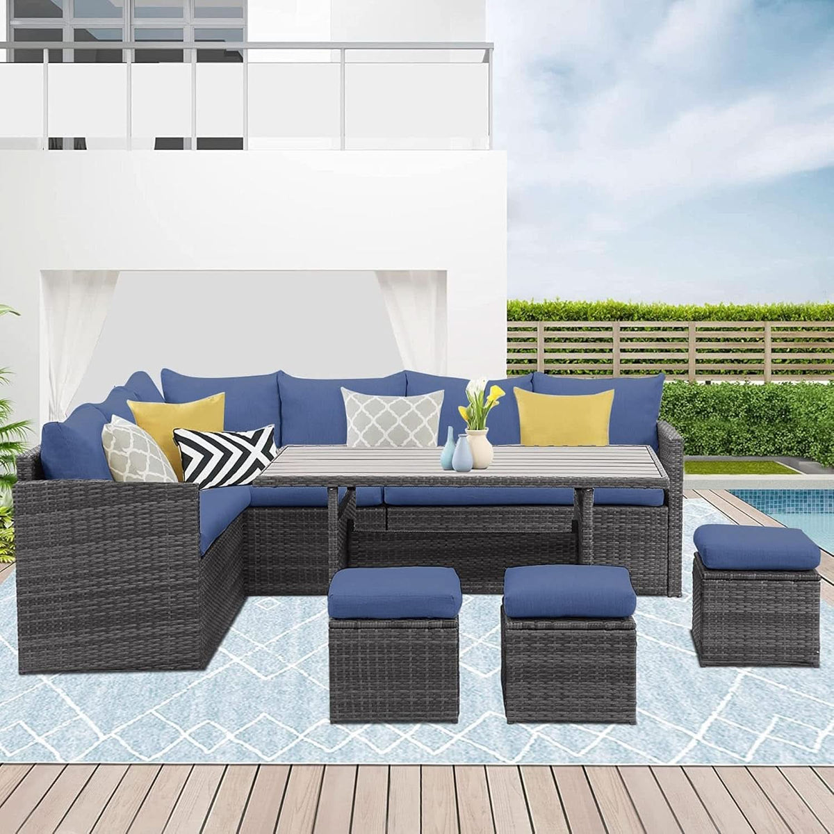 Blue 7 Piece Outdoor Patio Furniture Set With Table Chairs