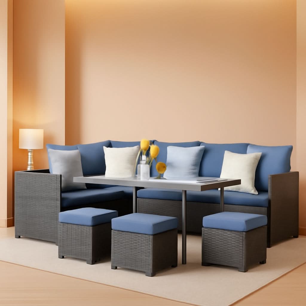 Blue 7 Piece Outdoor Patio Furniture Set With Table Chairs
