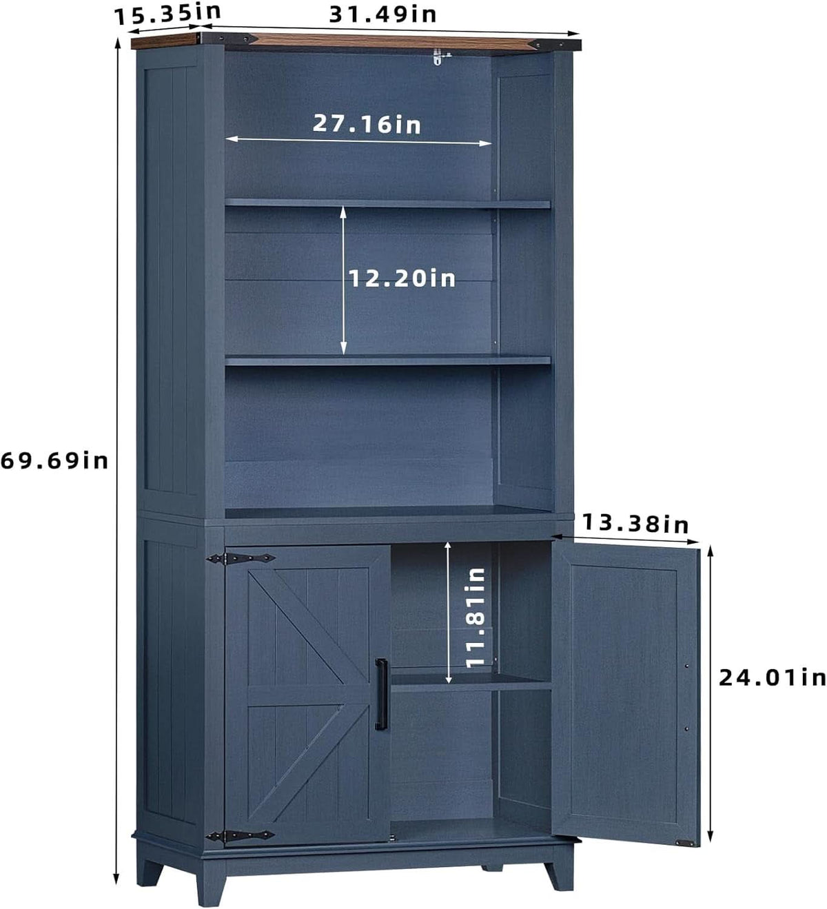 Blue 70 Inch Tall Farmhouse Bookcase Adjustable Shelves