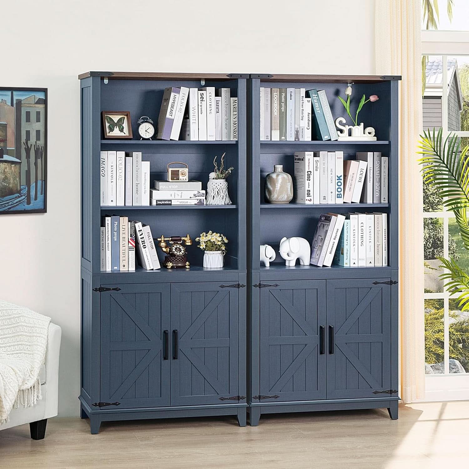 Blue 70 Inch Tall Farmhouse Bookcase Adjustable Shelves