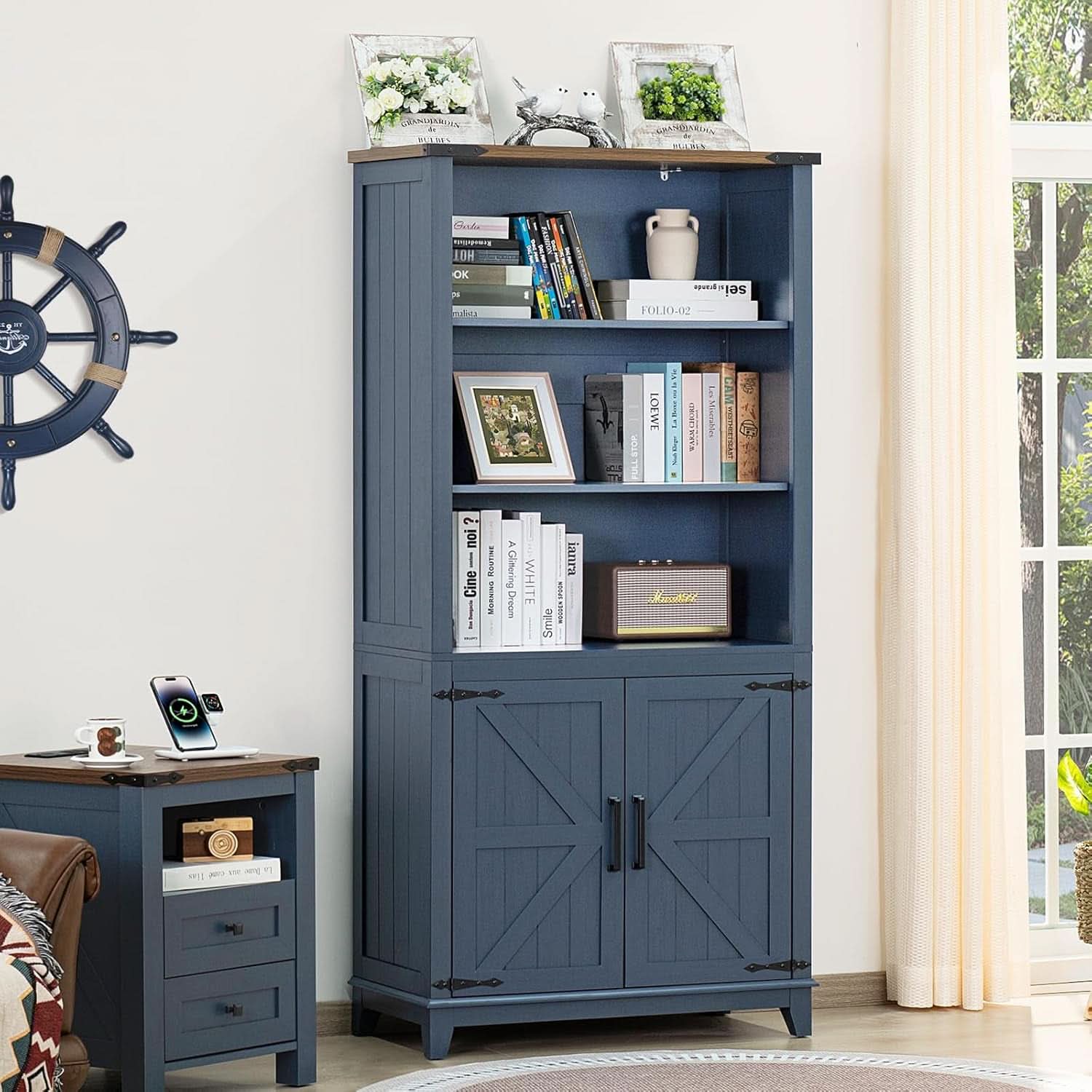 Blue 70 Inch Tall Farmhouse Bookcase Adjustable Shelves
