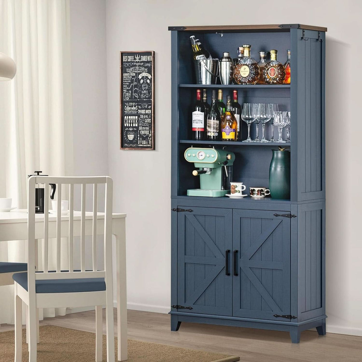 Blue 70 Inch Tall Farmhouse Bookcase Adjustable Shelves