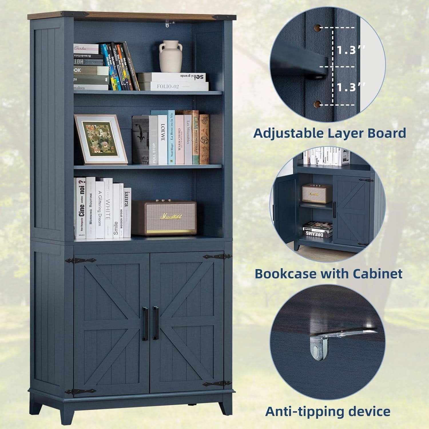Blue 70 Inch Tall Farmhouse Bookcase Adjustable Shelves