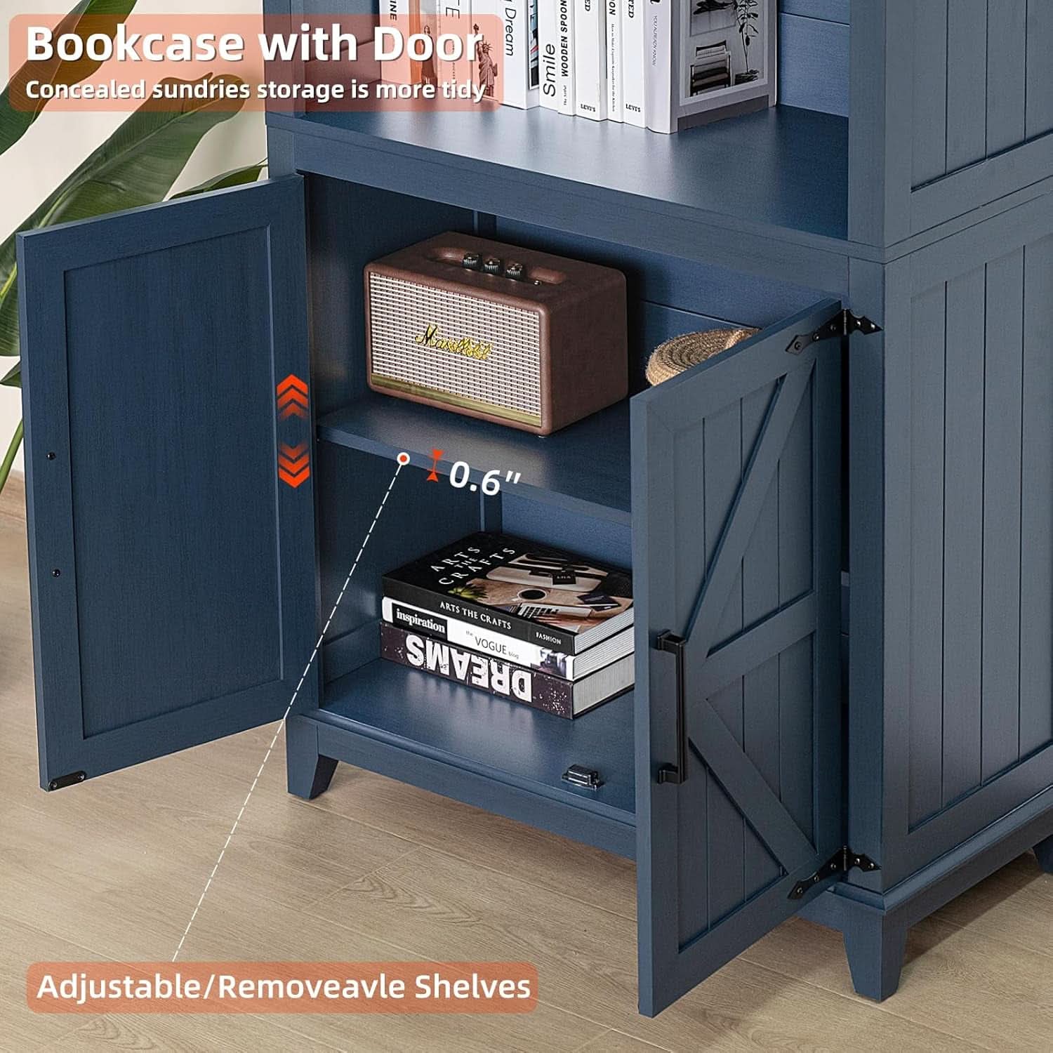 Blue 70 Inch Tall Farmhouse Bookcase Adjustable Shelves