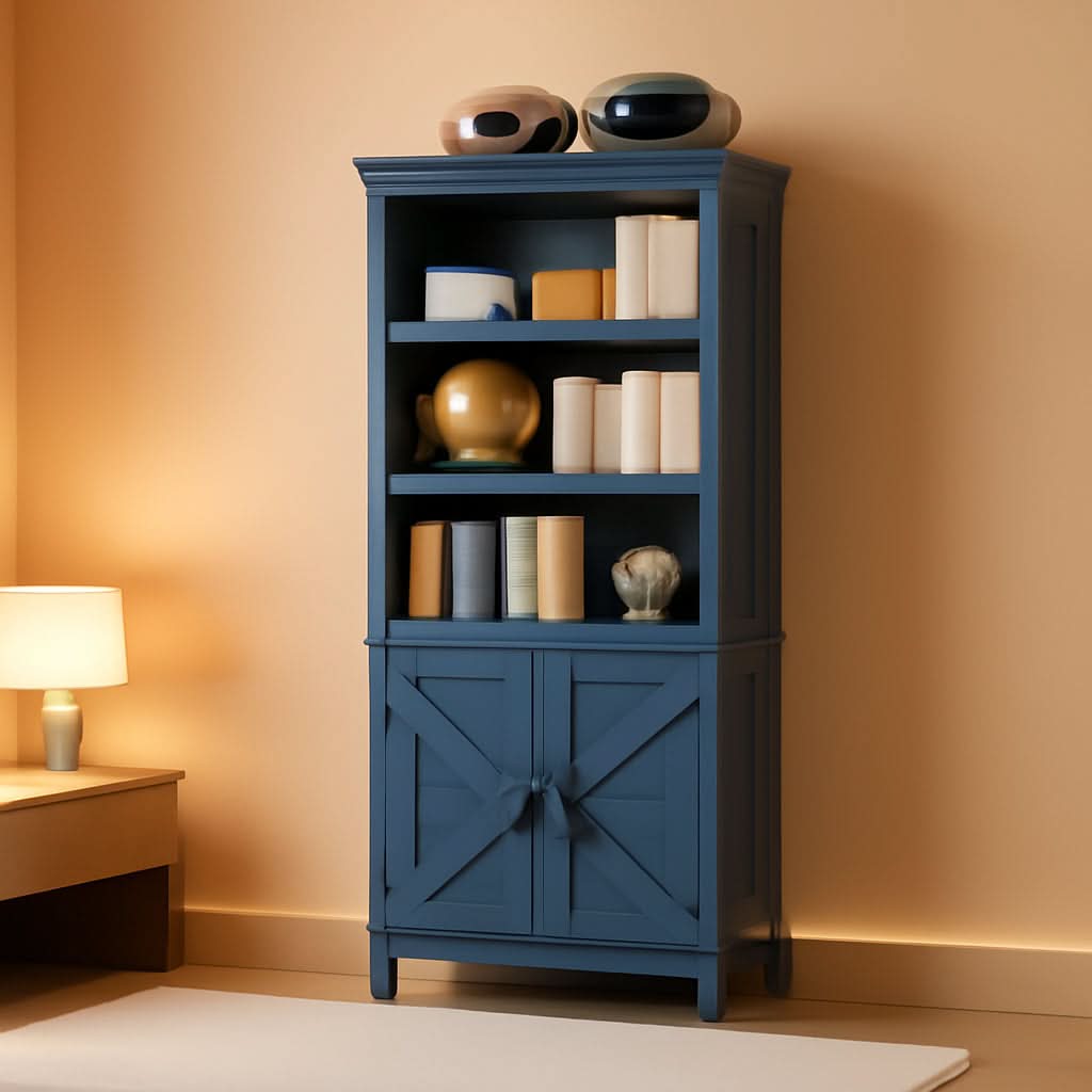 Blue 70 Inch Tall Farmhouse Bookcase Adjustable Shelves