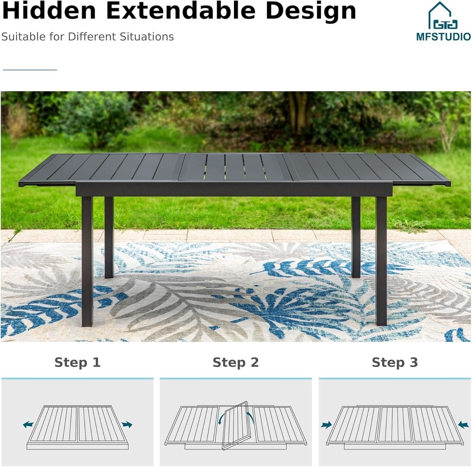 Blue 9 Piece Metal Outdoor Dining Set With Expandable Table
