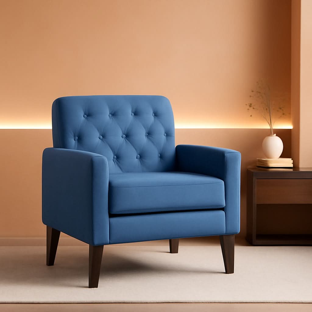 Blue Armchair For Small Spaces With Linen Upholstery And Wooden Legs