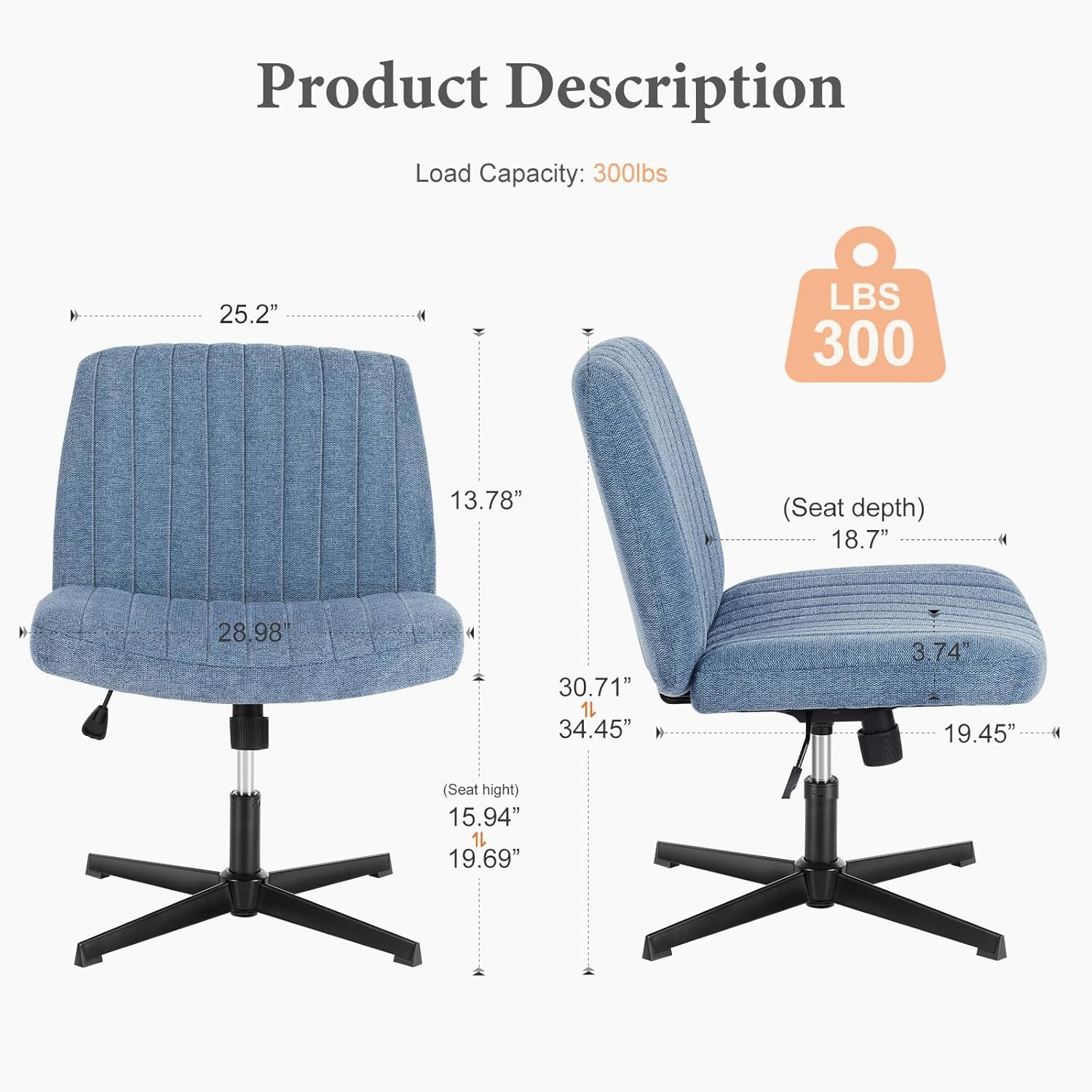 Blue Armless Height Adjustable Office Chair Wide Seat