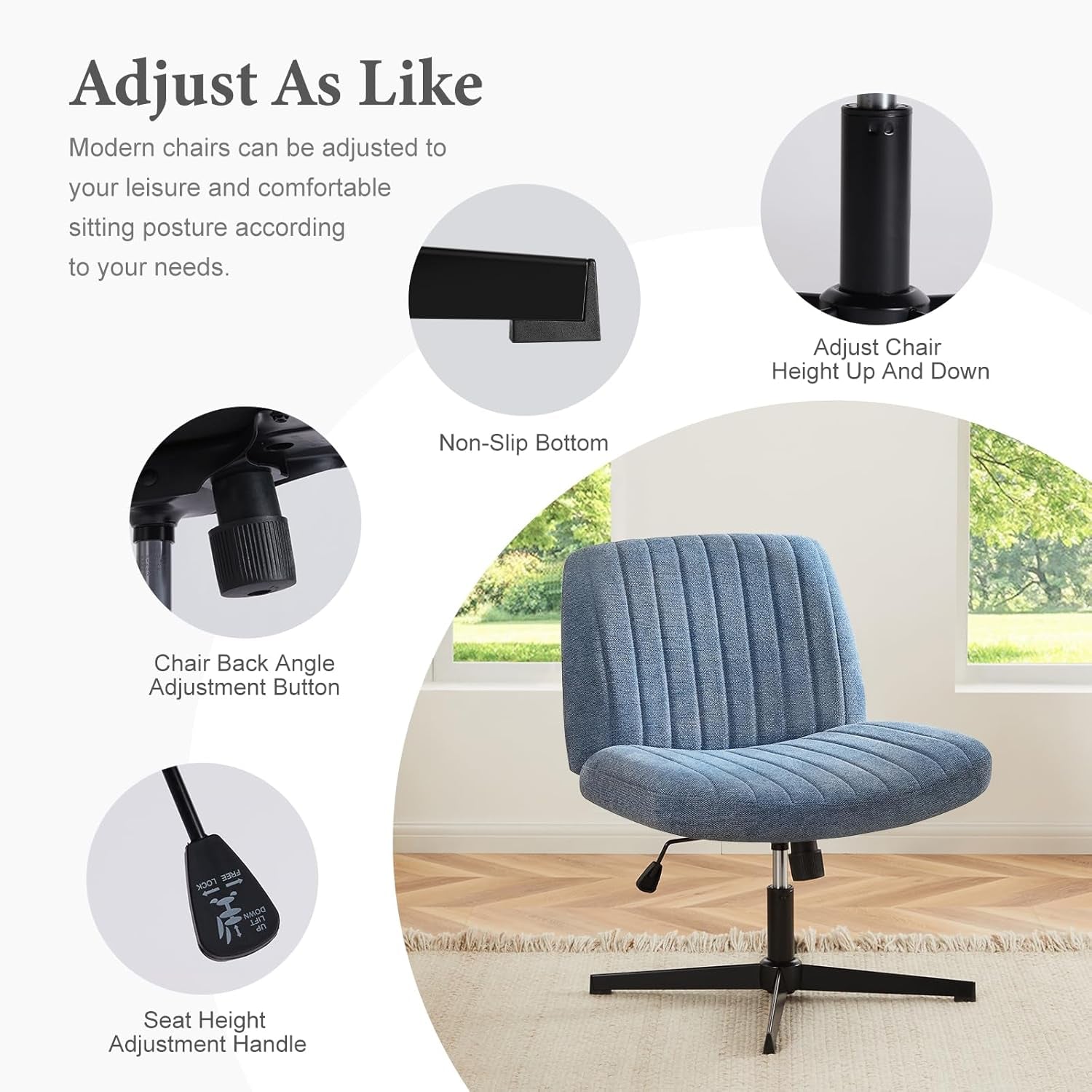 Blue Armless Height Adjustable Office Chair Wide Seat