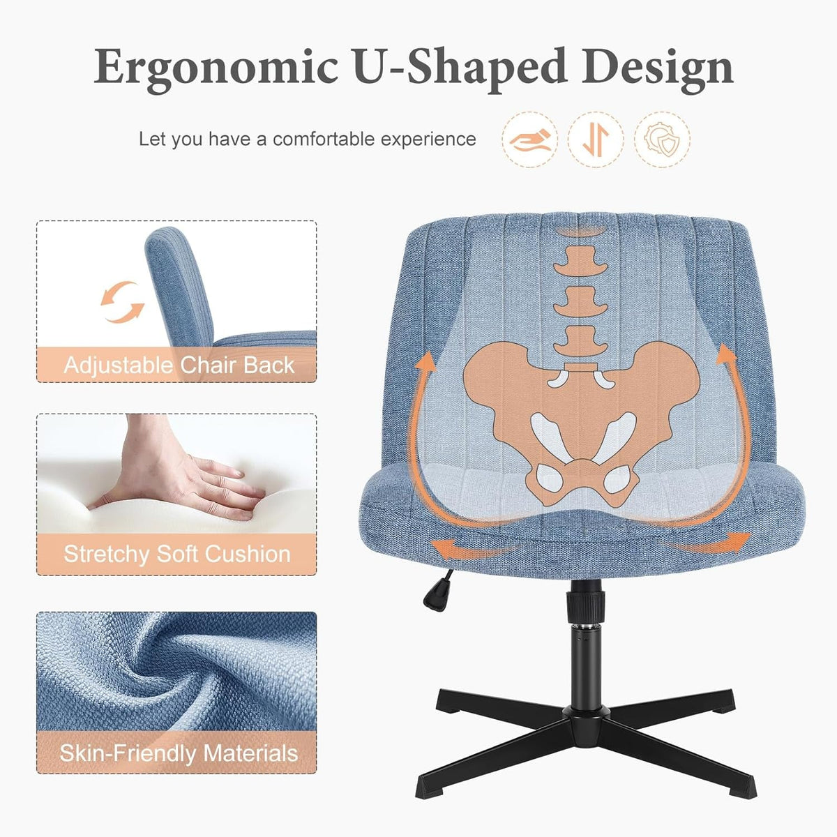 Blue Armless Height Adjustable Office Chair Wide Seat