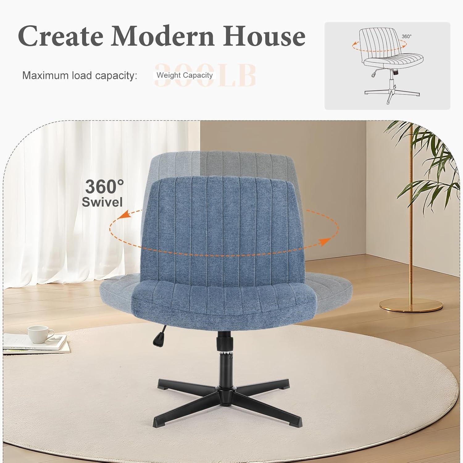 Blue Armless Height Adjustable Office Chair Wide Seat