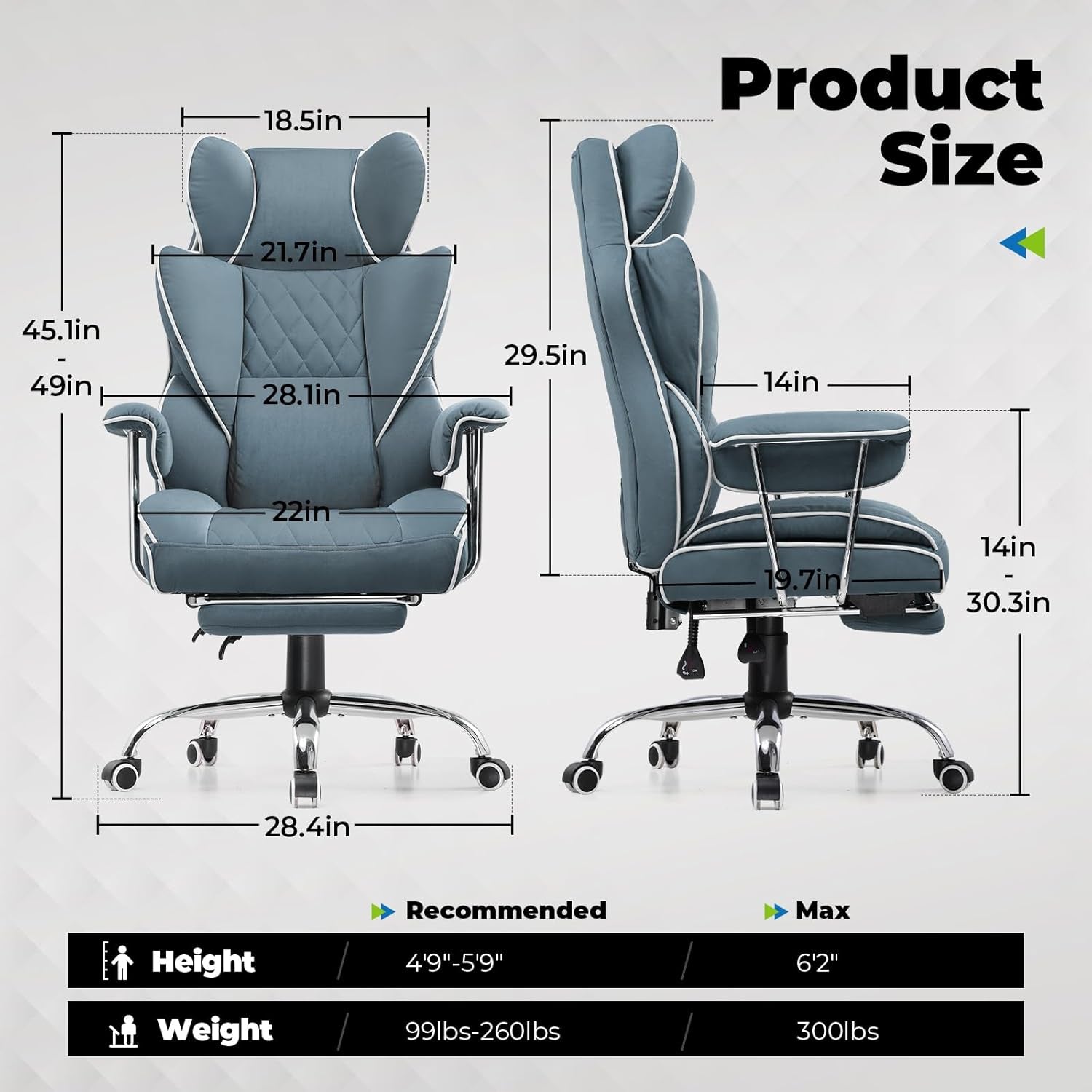 Blue Big And Tall Gaming Chair With Lumbar Support And Footrest