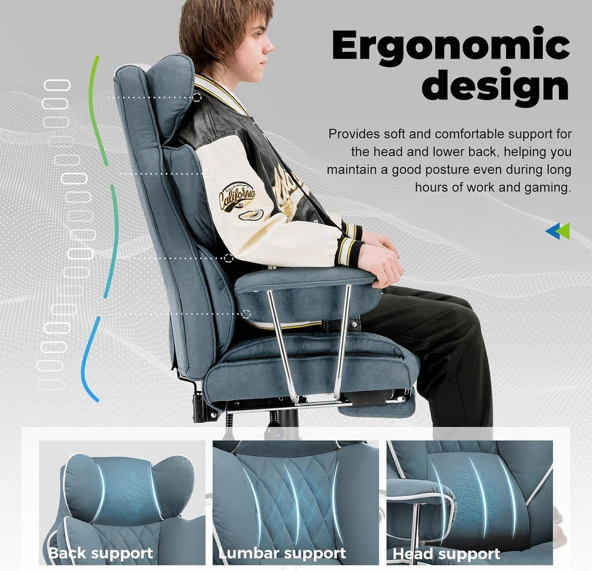 Blue Big And Tall Gaming Chair With Lumbar Support And Footrest