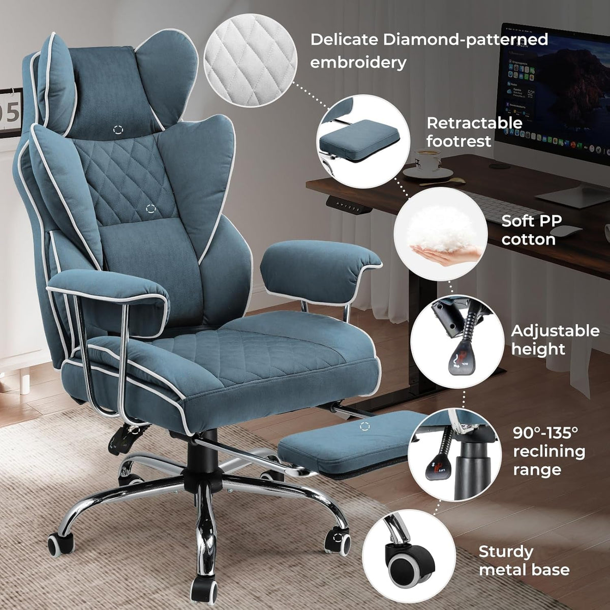 Blue Big And Tall Gaming Chair With Lumbar Support And Footrest