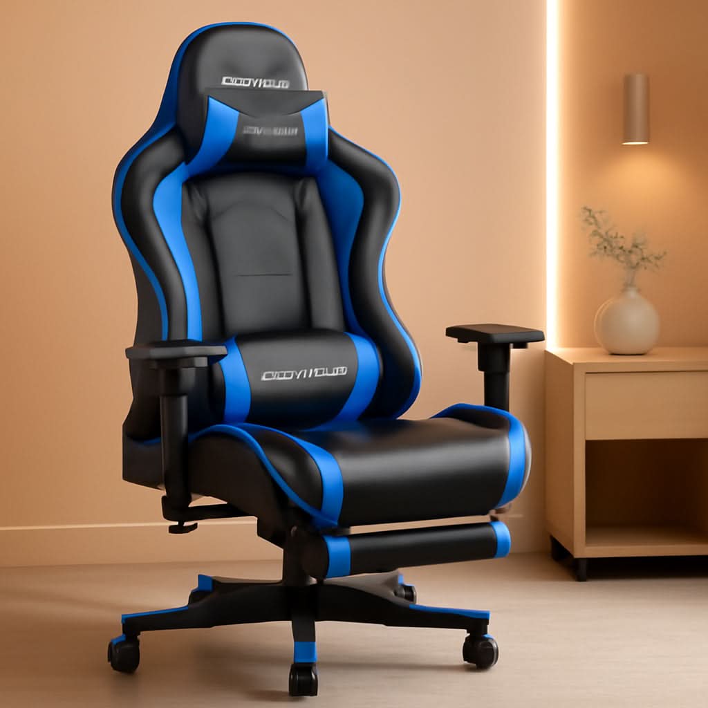 Blue Bluetooth Gaming Chair With Footrest And Speakers