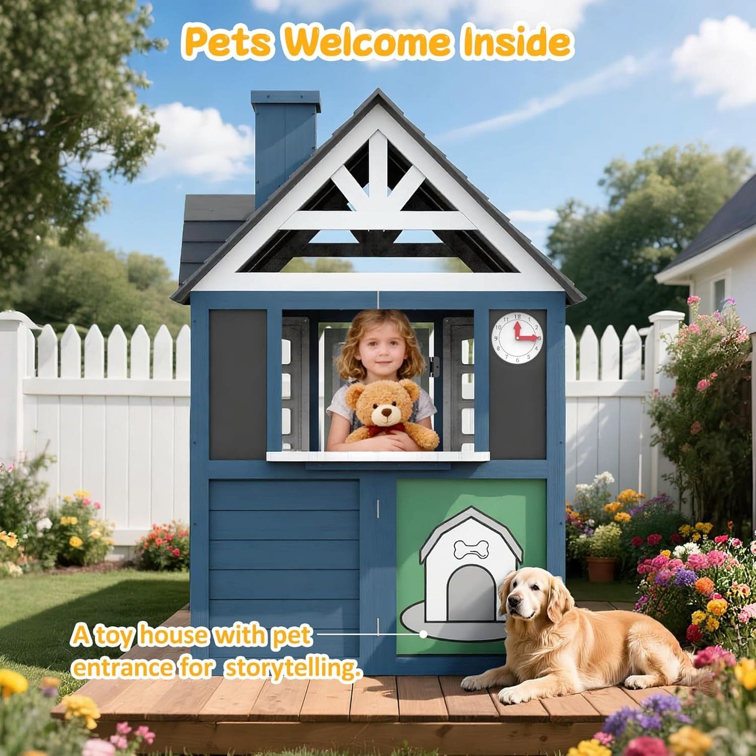 Blue Cedarwood Kids Playhouse Weather Resistant Outdoor