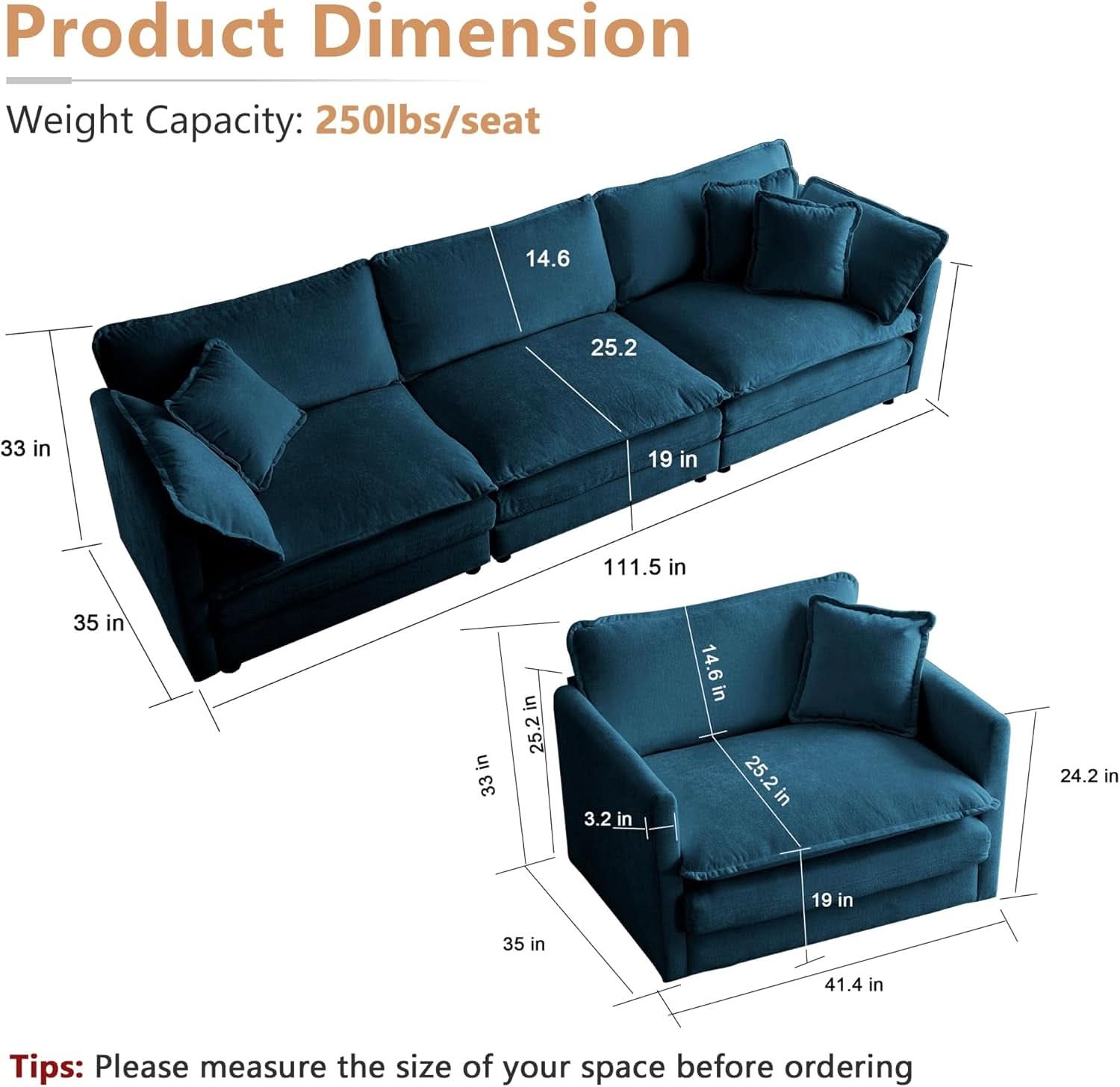 Blue Chenille Three Piece Sofa Set With Seven Pillows