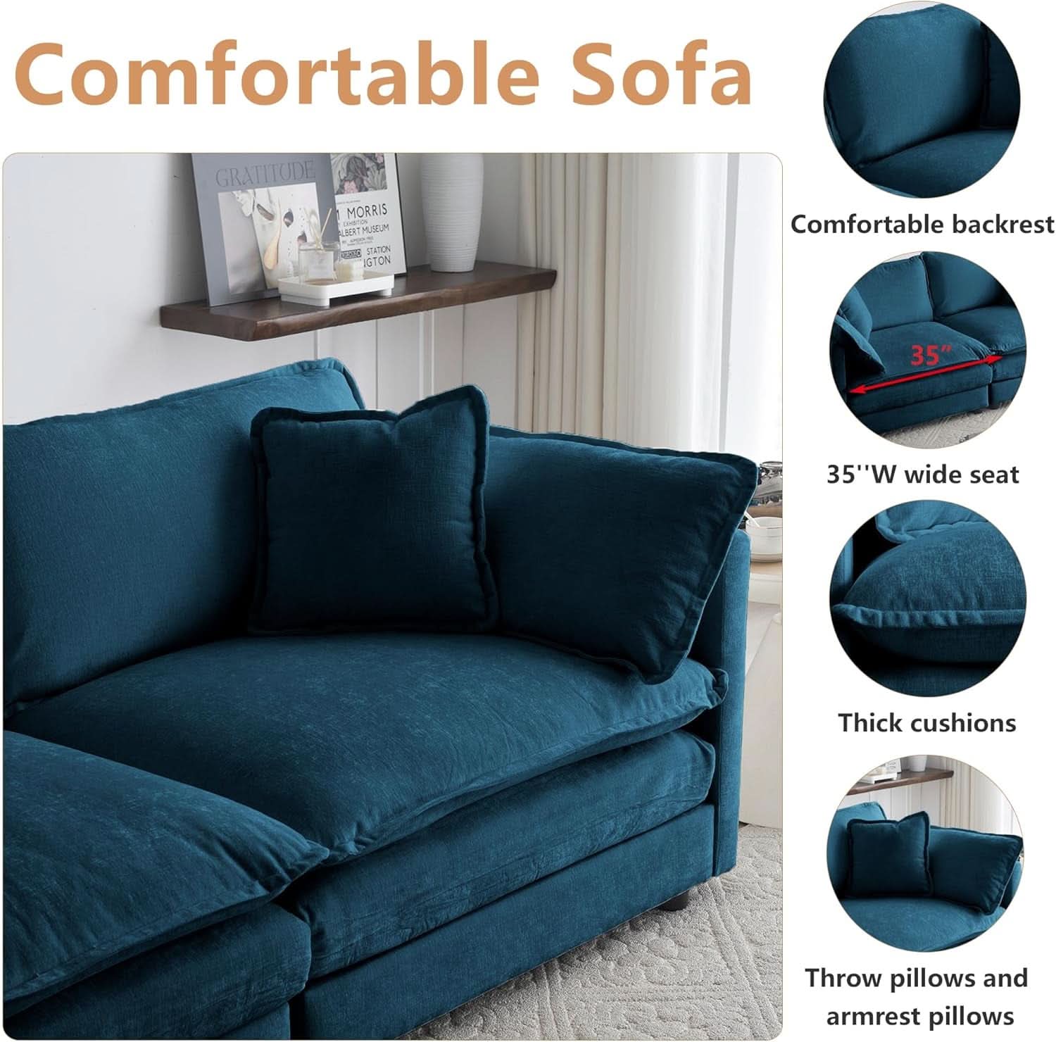 Blue Chenille Three Piece Sofa Set With Seven Pillows