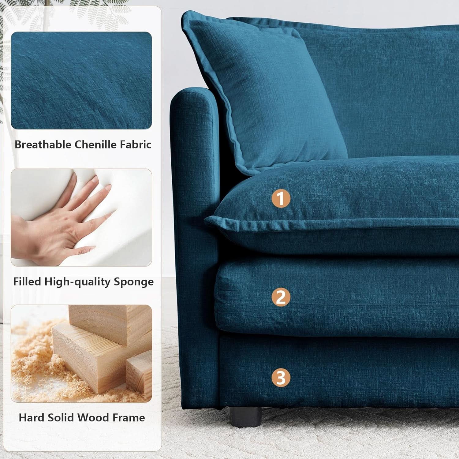 Blue Chenille Three Piece Sofa Set With Seven Pillows