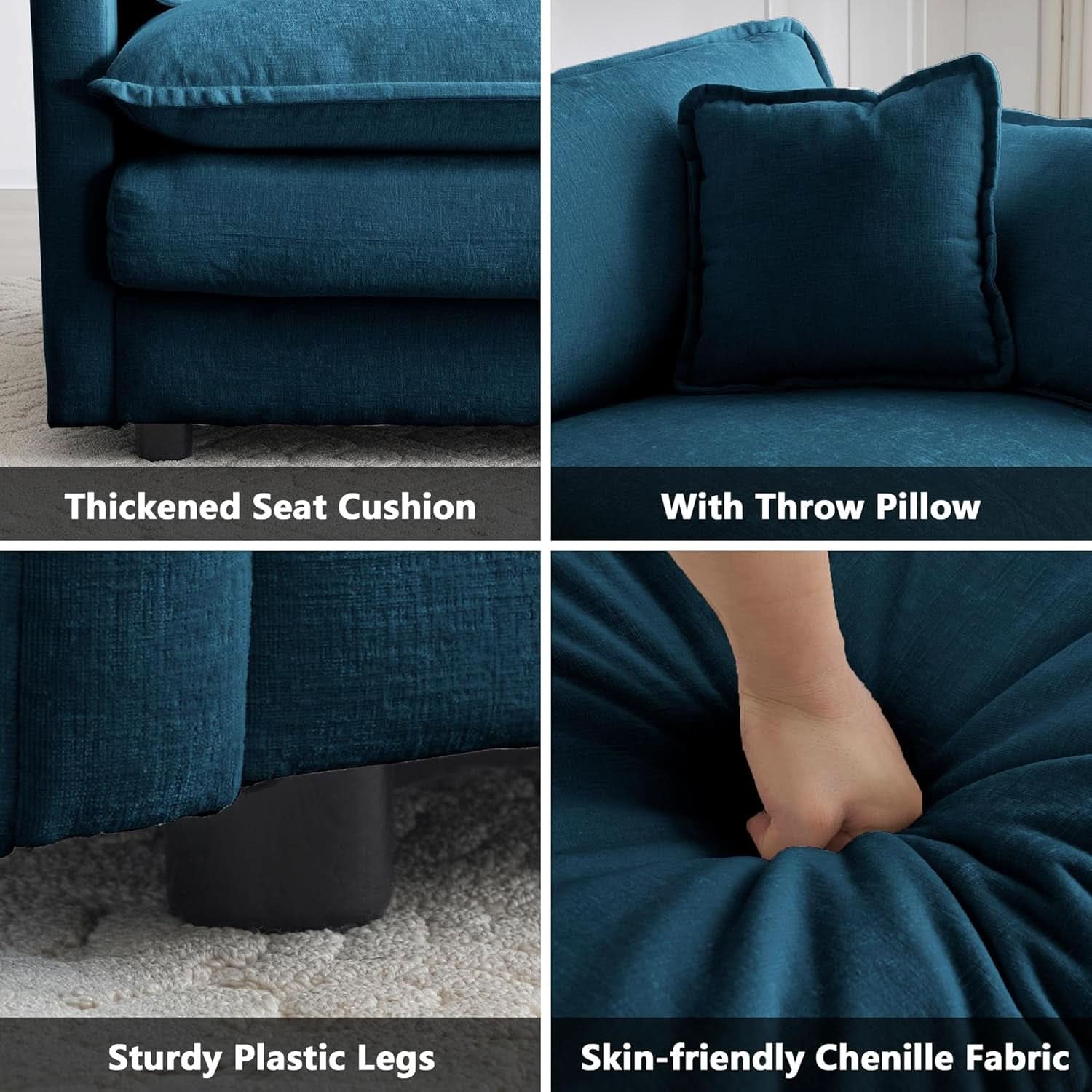 Blue Chenille Three Piece Sofa Set With Seven Pillows
